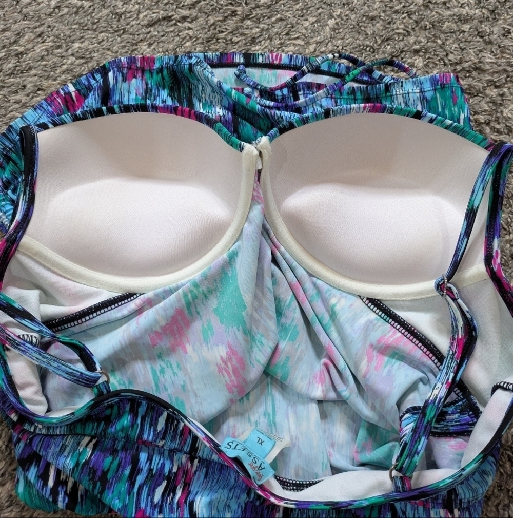 Assets By Spanx Blue Green Purple V Neck Bikini Tankini Swim Top XL - Picture 8 of 9